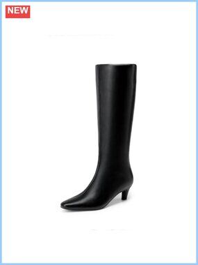 Women Knee High Boots Kitten Heel Faux Leather Square Toe Comfort